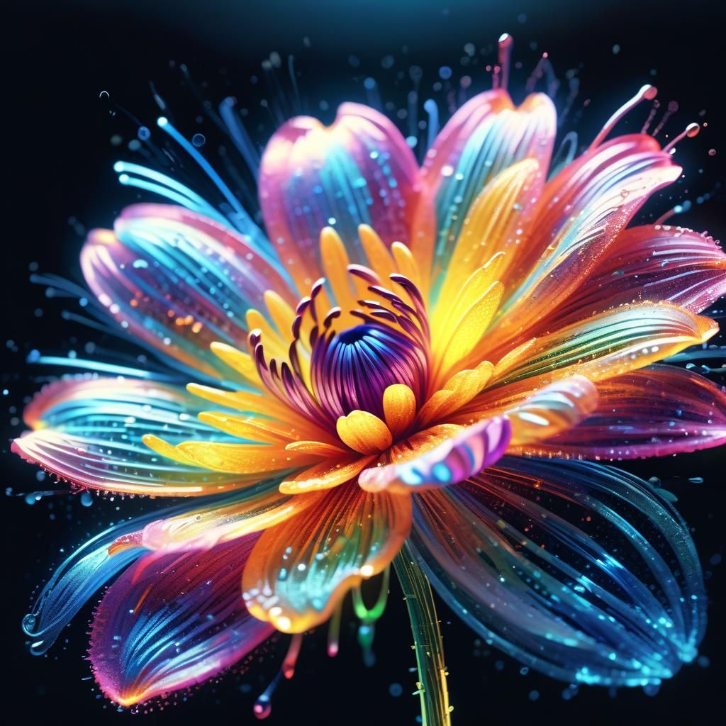 photorealistic image of a flower made entirely of fluorescent colored fiber optics beautifully intricate, ...  by @Missysmom