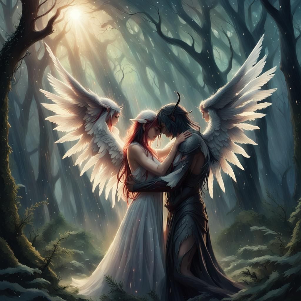 a demon and angel hugging in a mystical forest while its raining as the ...