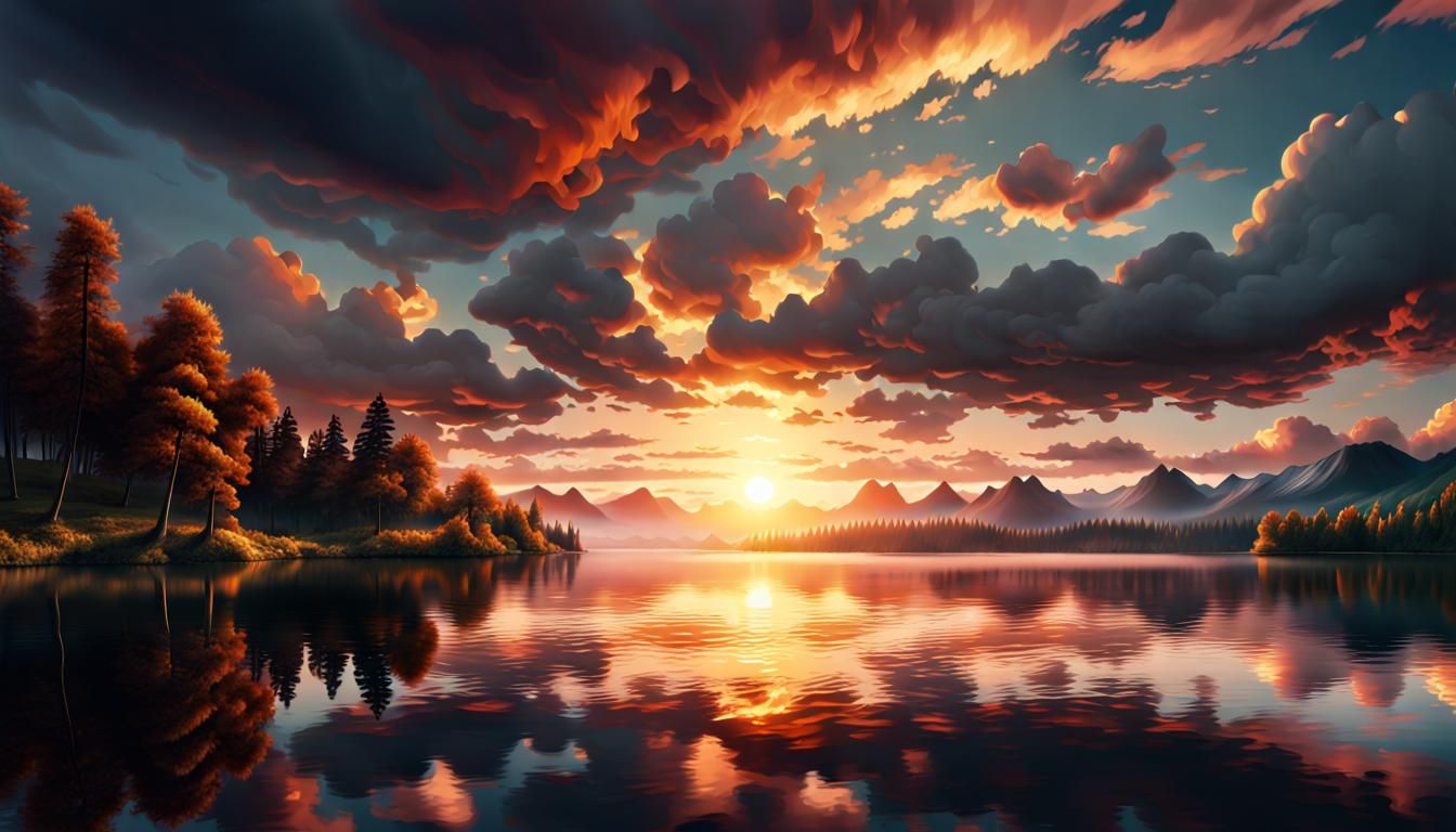 The sunset reflecting on the water by the lake, calm day, clouds, windy, Epic cinematic brilliant stunning ...  by @White Dragon