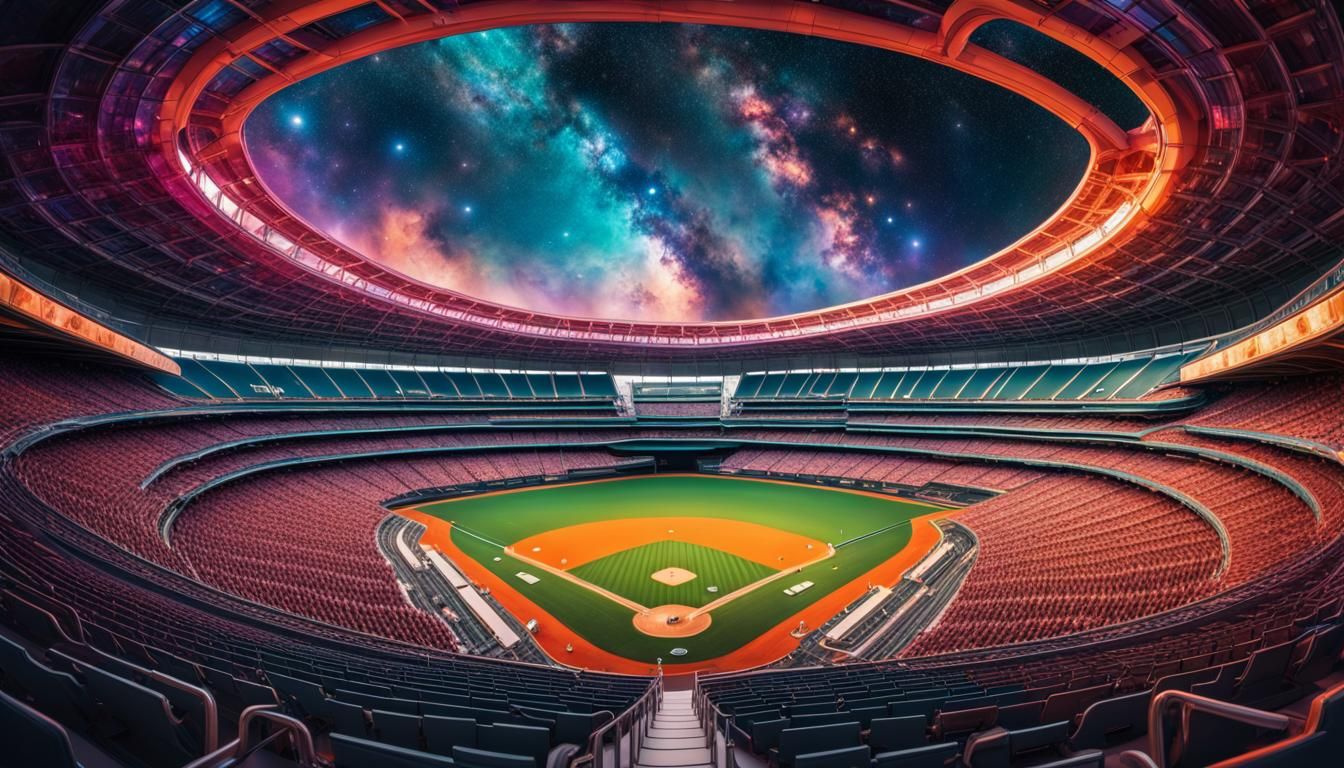 A vibrant, futuristic baseball stadium suspended in the cosmos