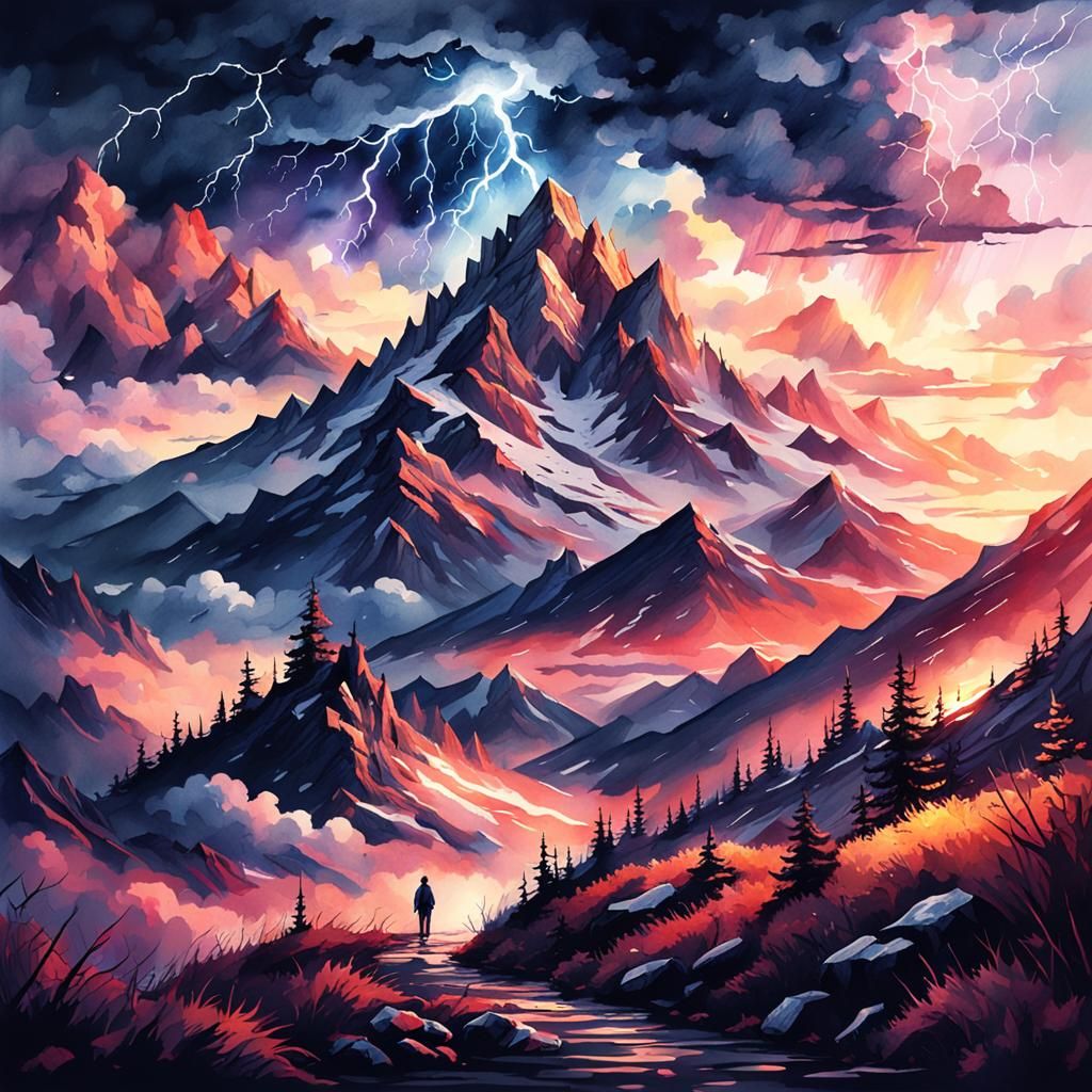 Night Mountain Above Clouds, Watercolor Matte Painting