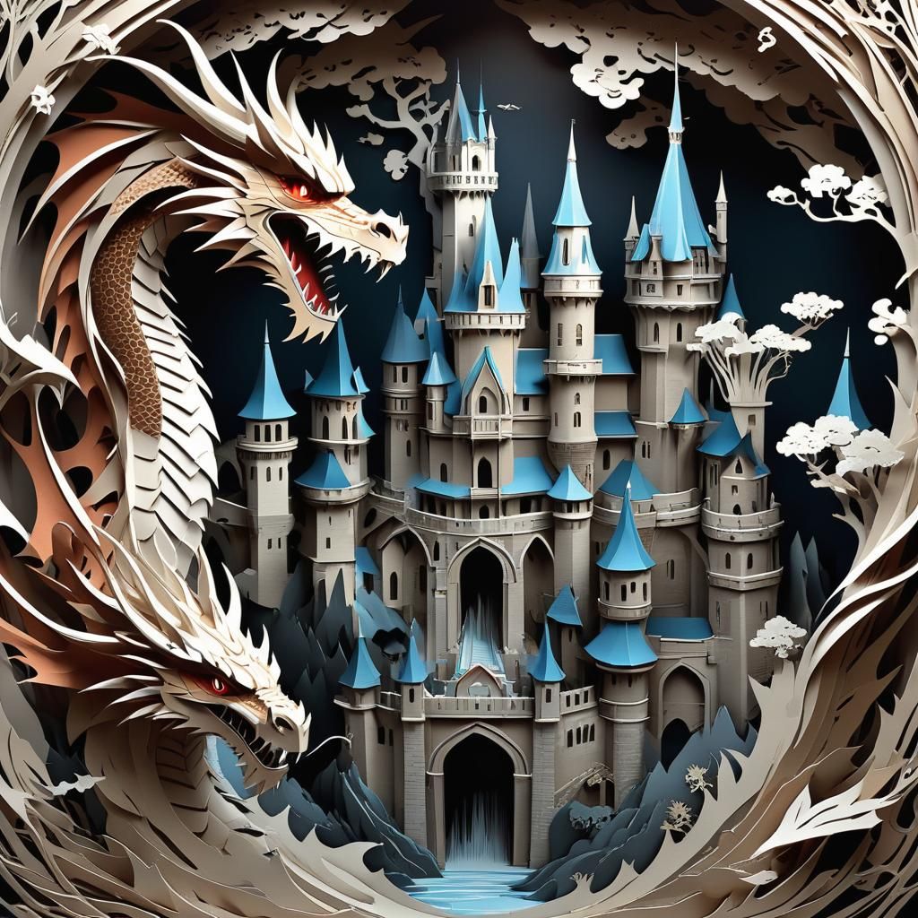 Kirigami, paper cut art: Dragon attacks a fantasy castle.  by @Pharaoh Julia