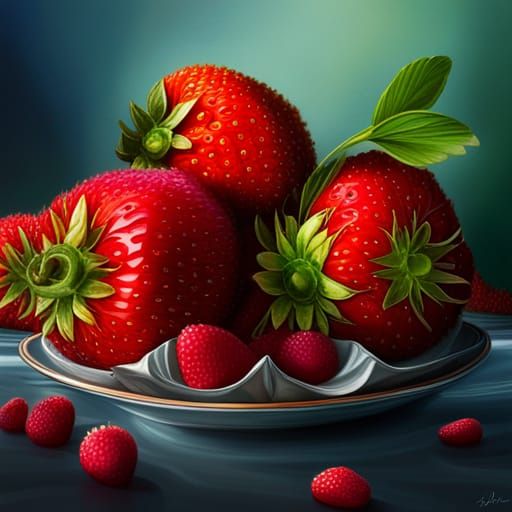 Strawberries ; photorealistic ; hyperdetailed ; triadic colors ; vivid ...