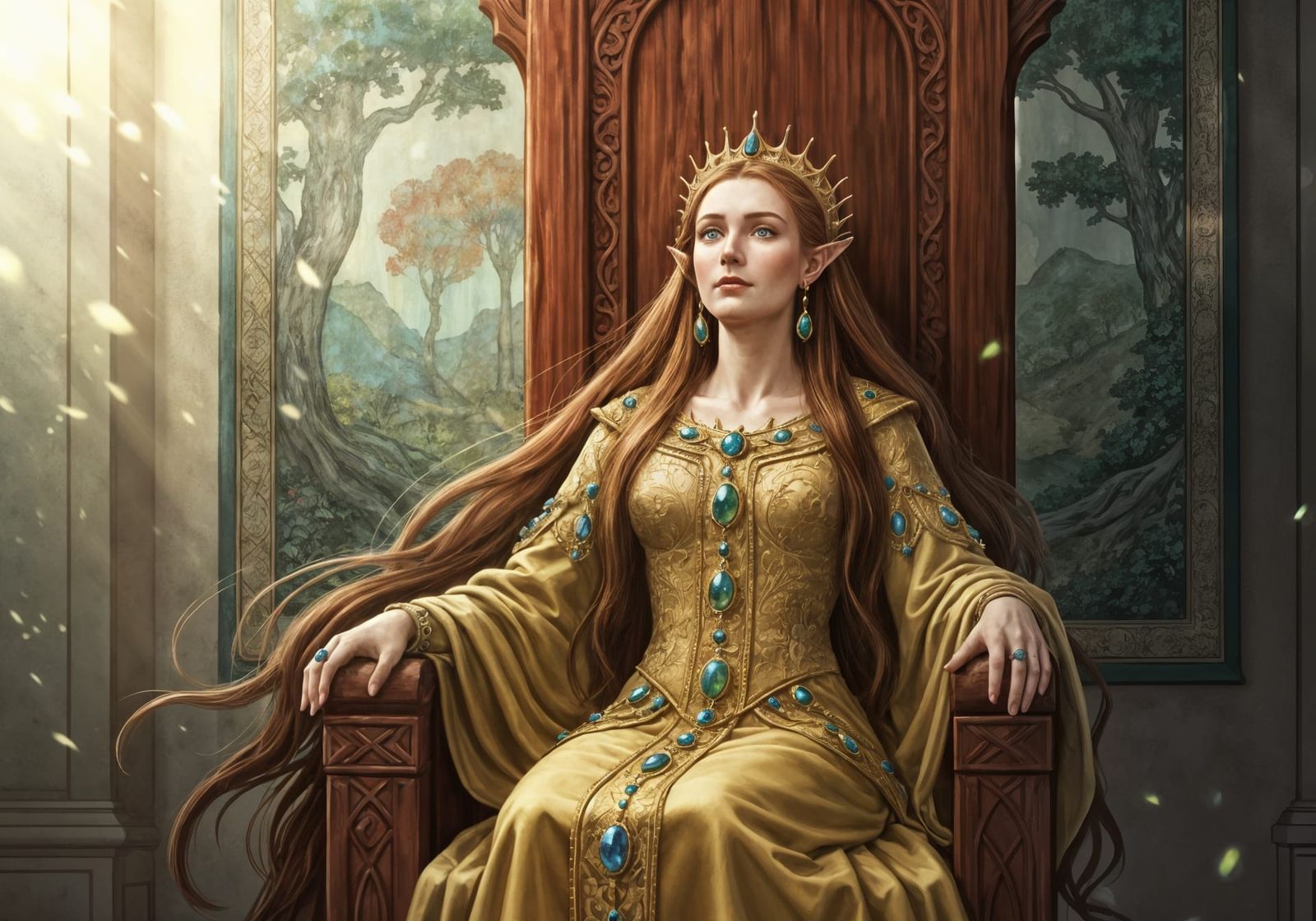 Regal Queen on Redwood Throne in Ethereal Forest Scene