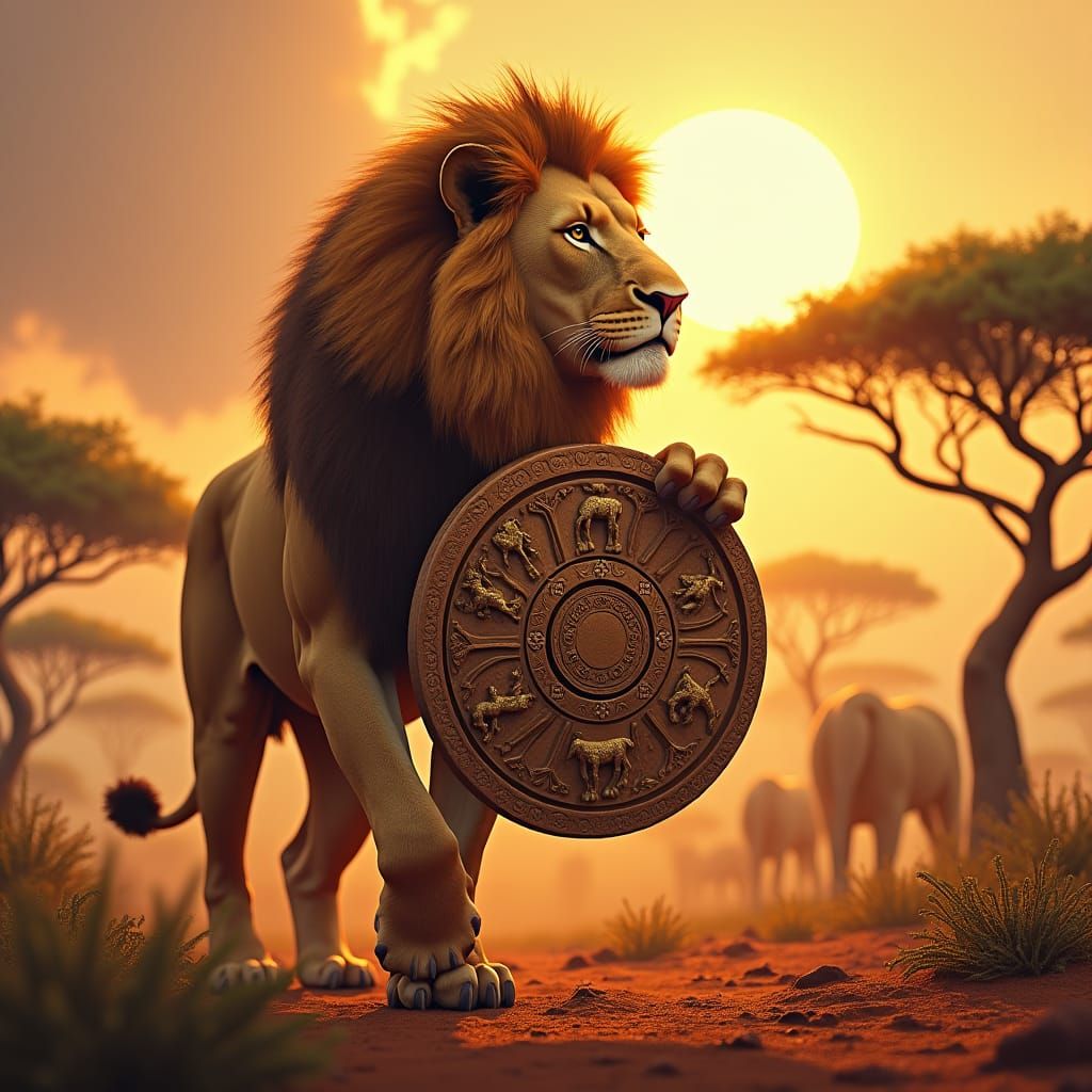Lion with Zodiac Wheel in African Savannah