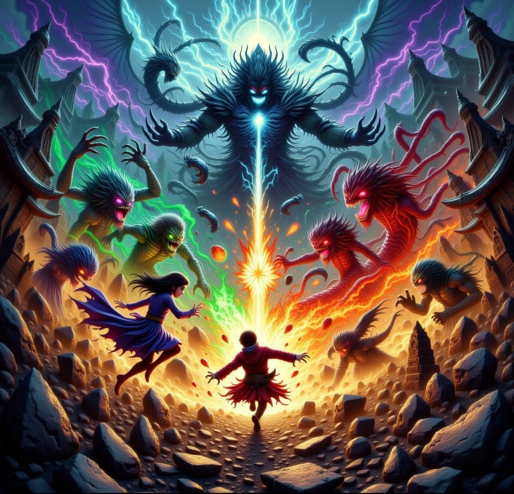 Epic Battle Showdown between the Villain & the Hero running towards one another while combating against each other by throwing elemental mag...