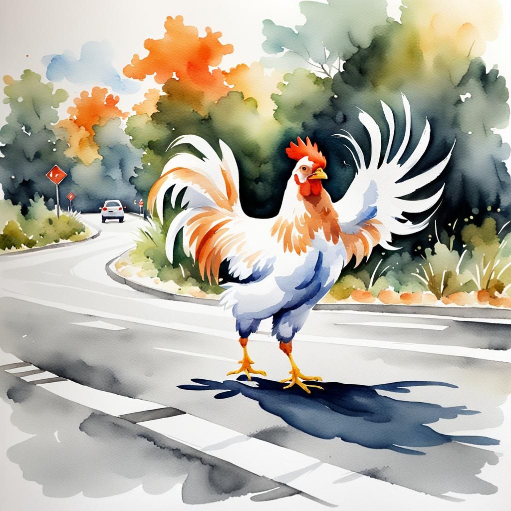 Watercolor, White and orange chicken crossing the road