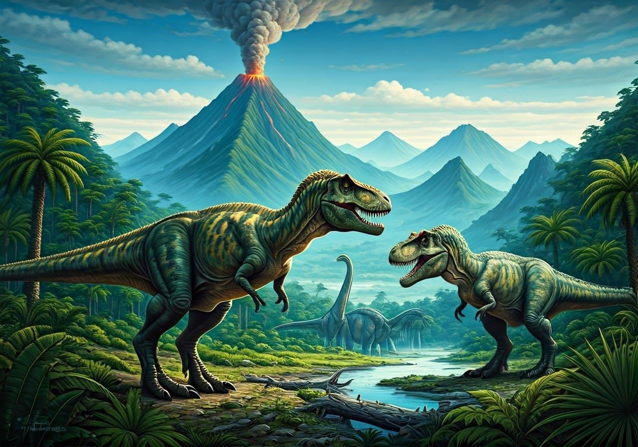 Dinosaurs in the Jurassic world: tyrannosaurus, a brontosaurus and a T-rex in lush tropical vegetation, ...  by @Sharonjoy