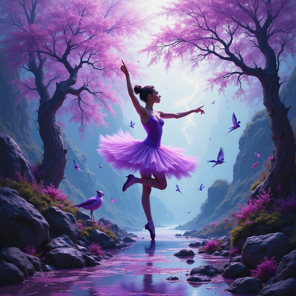 Paintbrush summons reality - ballerina crafted from translucent purple paint pirouettes from canvas. Landscape elements cascade into studio,...