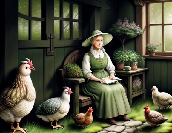a female hobbit surrounded by hens and plants. water-color, ...