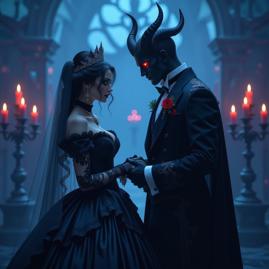 Gothic Bride Marries Demon in Candlelit Darkness
