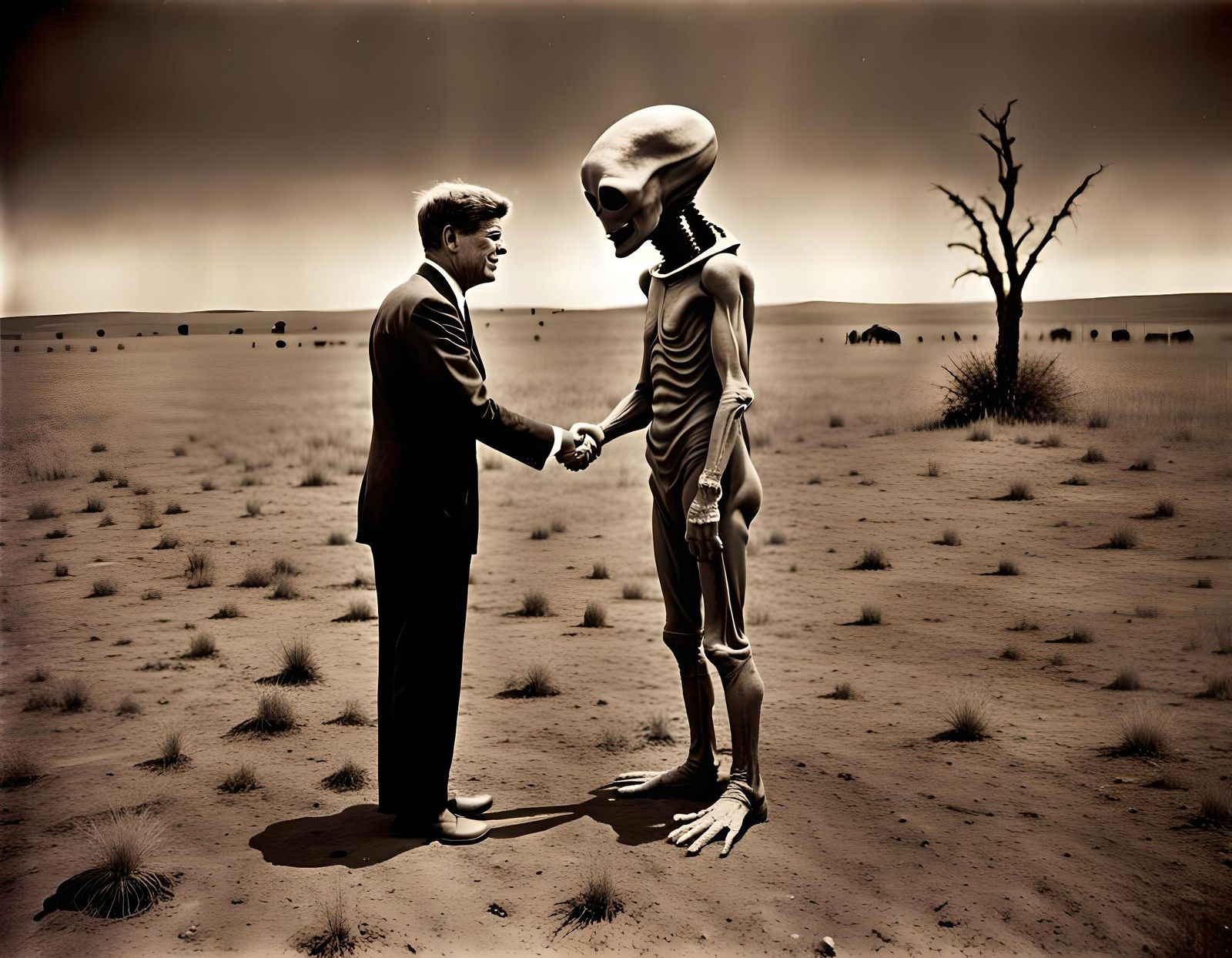 John F Kennedy Shaking Hands with a Weird Looking Grey Alien in a Deserted Field at Night  by @Jack-Mike