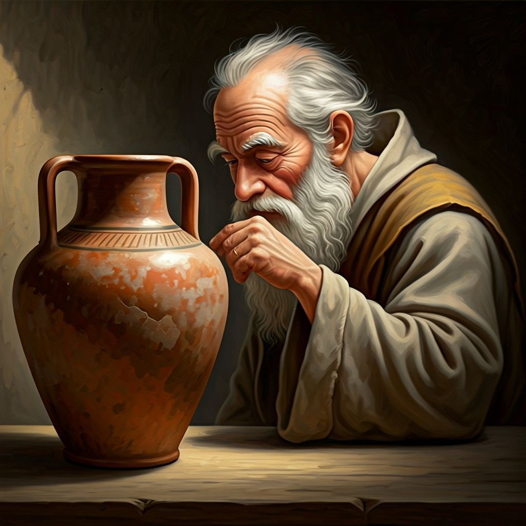 Wise Sage Inspects Clay Amphora in Oil Painting Style