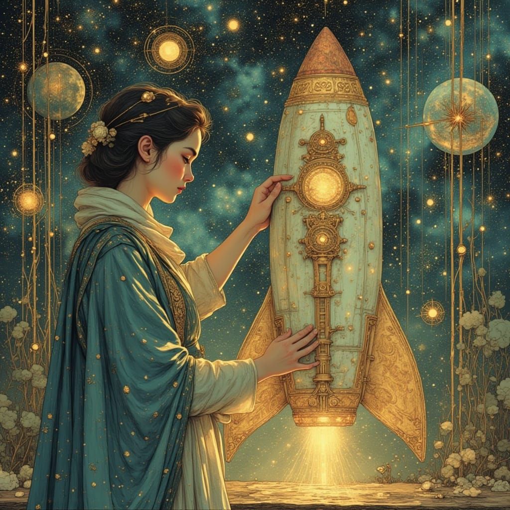 Celestial Mechanic Repairs Stardust Rocket: Art Nouveau Surr...