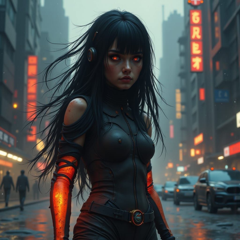 Medium shot of a female sci-fi protagonist in a cyberpunk city on a rainy evening. <lora:Caffeine Grimoire:1.0>