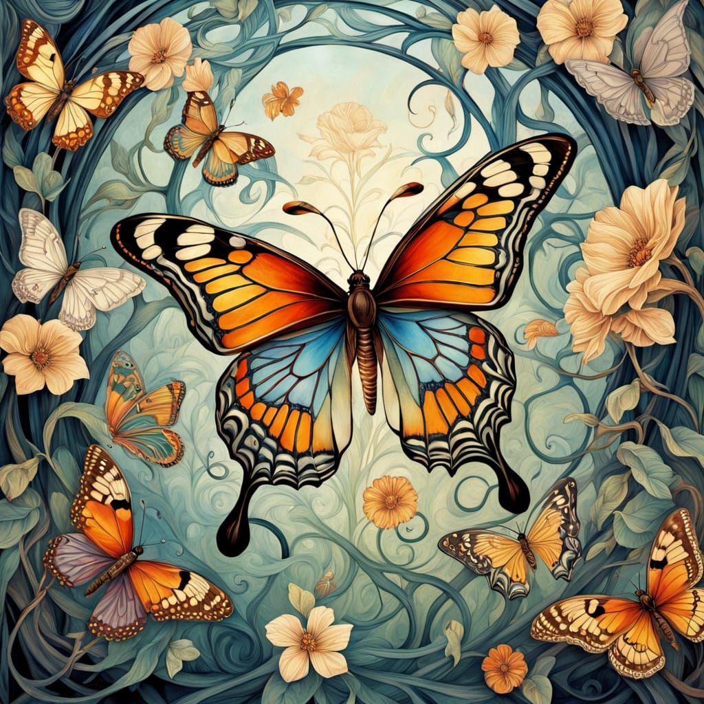 Whimsical Garden Scene in Art Nouveau Style