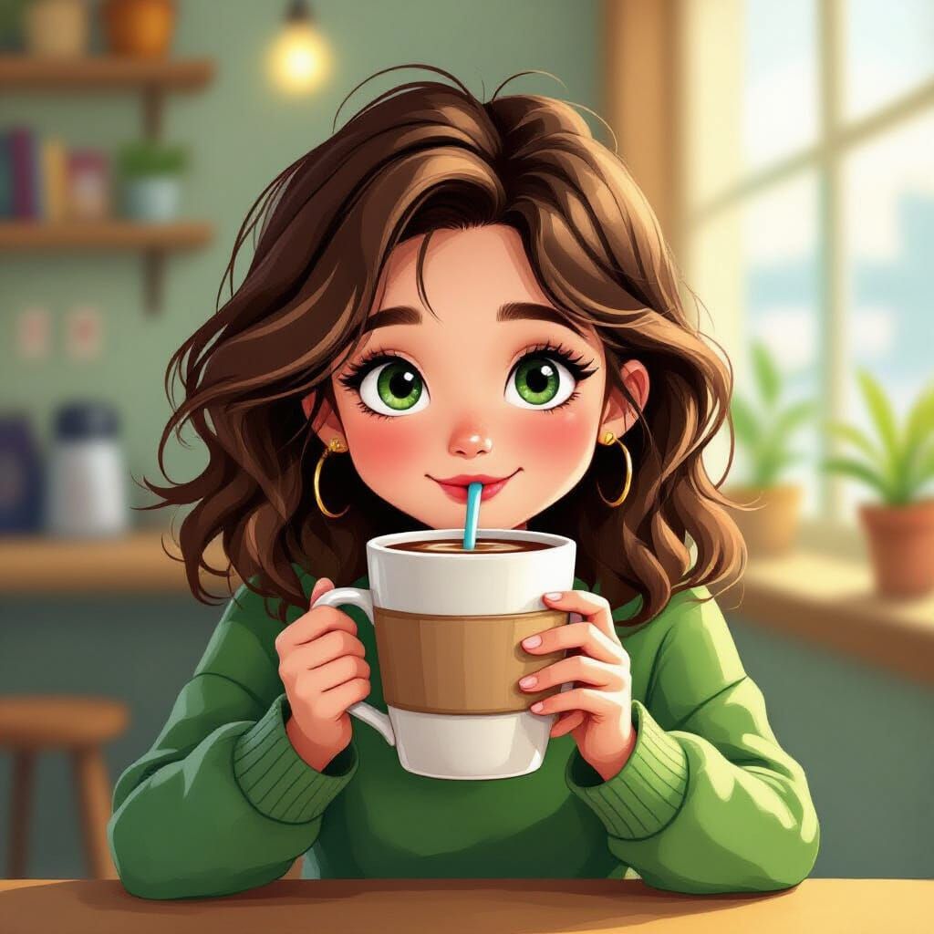 Young Person Enjoys Coffee in Whimsical Children's Book Styl...