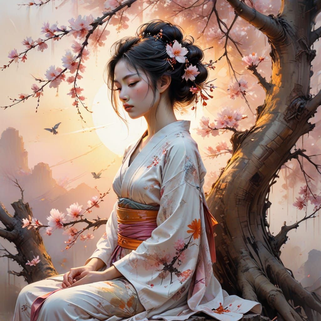 Creation Summary by Vincent 
Geisha Meditating Under Sunset Blossom Tree
This image shows a geisha meditating beneath a ...