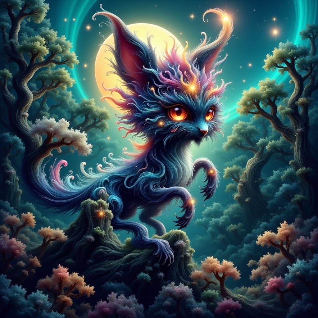 <lora:Ethereal Magic Flux:1.0> Glowing night sky constellation cute and adorable creature, crafted from a kaleidoscope of vibrant stars, cre...