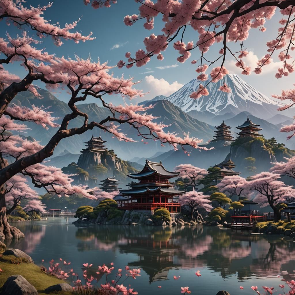 A beautiful ancient sakura tree in front of a lake. Mountain...