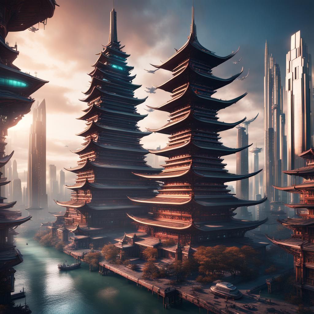 Hitech Pagoda in a futuristic city