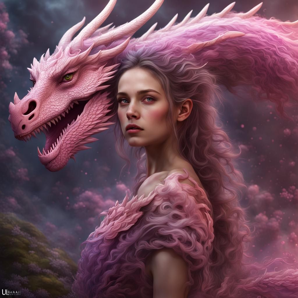 il viso di un drago paestoso dei colori rosa lilla c una rag...