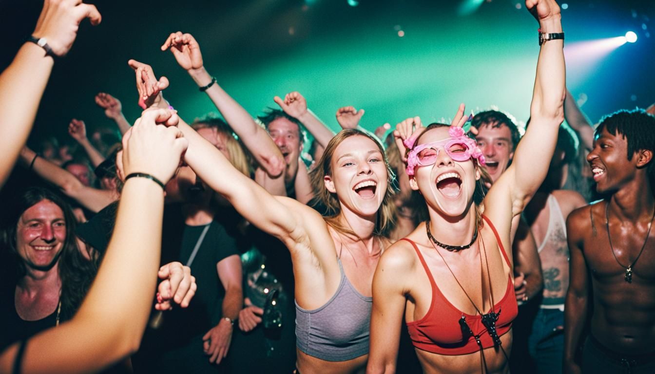 Joyous rave, people partying, nightclub setting, candid photography, 8k, Kodak Ektar, film grain  by @Simon