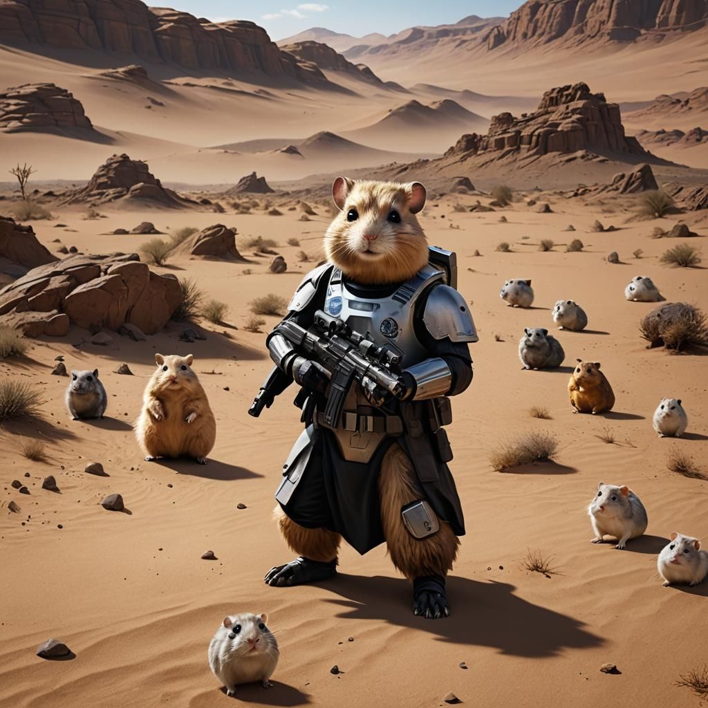 a giant hamster walks in the desert in a shadow stormtrooper