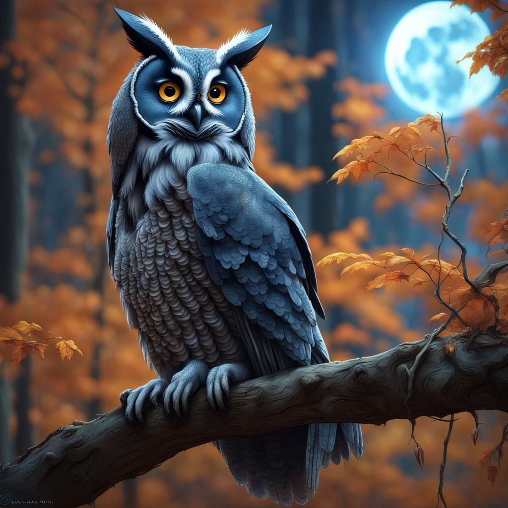 Blue long eared owl; forest; fall season ; moon phases