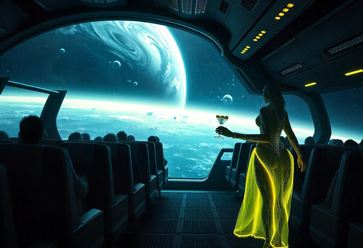 A stewardess in futuristic cybernetic clothing and a fluores...