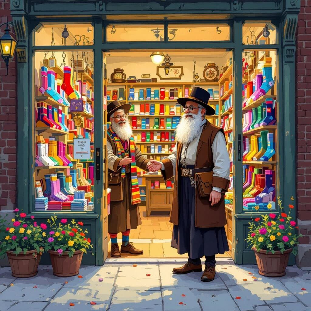 Rabbi Greets Customers at Sock Store, Illustrative Style
