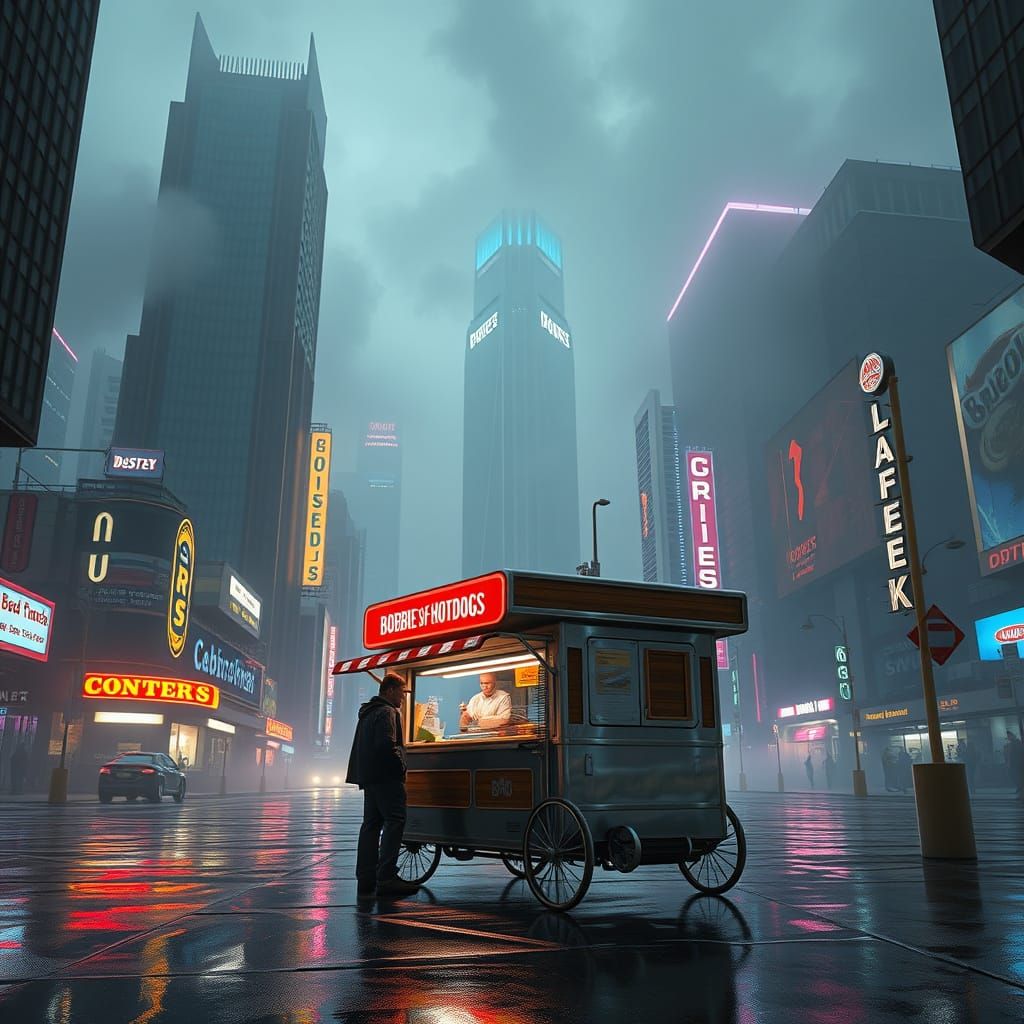 A futuristic dark city street lit only by bright neon Signage and streetlights. A single metal food cart sits in the center of the picture. ...