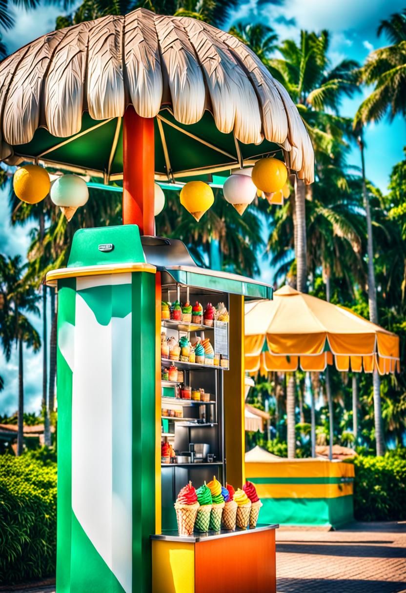 A tropical park with palm trees and an ice cream stand shot in HDR