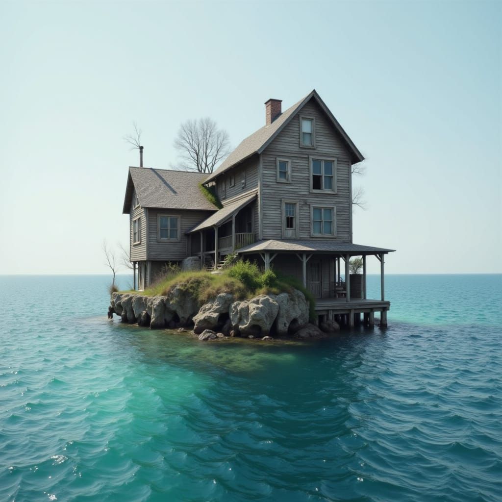<lora:eyeseesurreal:1.0> A multi-storey rickety old house on a tiny island in the middle of the ocean.