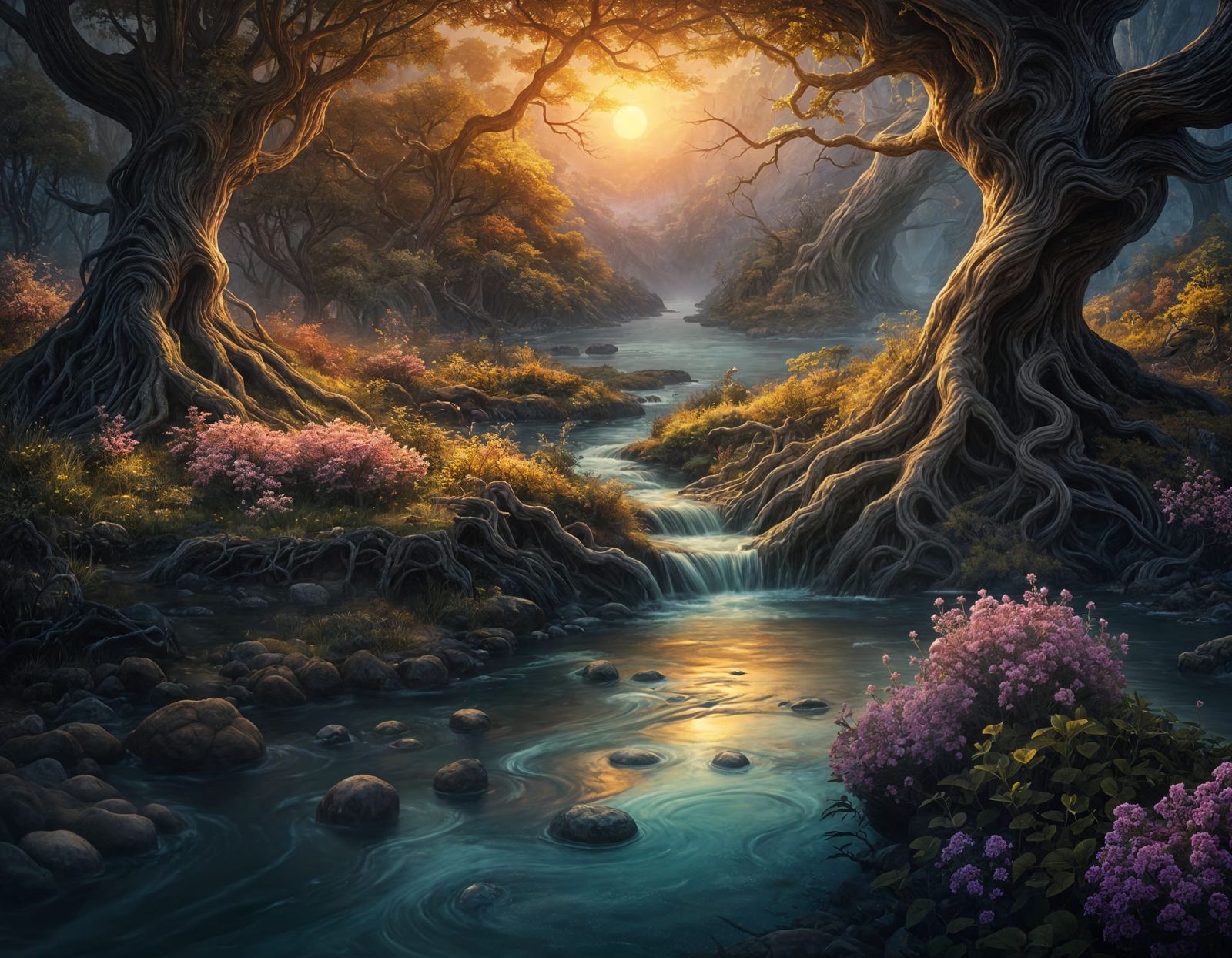 summer colors,old river,painted in oil,night is coming,  by @DreamerAIandMore