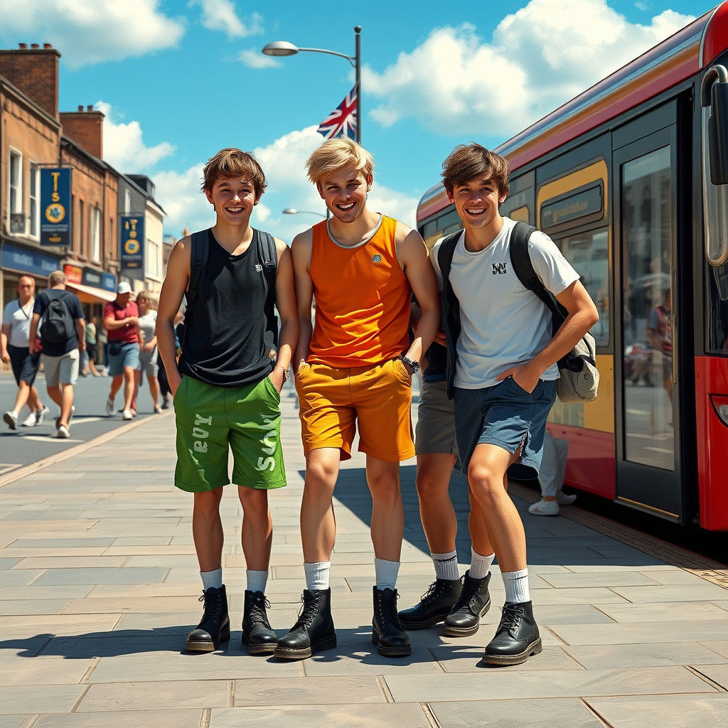 Sporty chav young english scally lads wait for bus wearing shorts and doc marten boots with white socks on hot summer day in Ossett town cen...