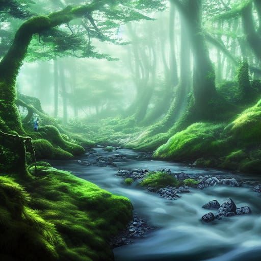 Enchanted forest with a small stream and moss covered rocks