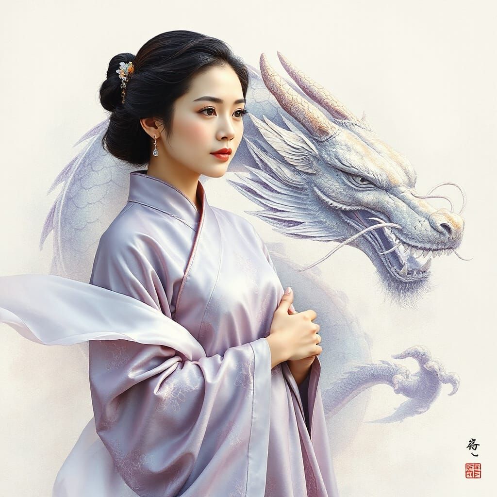 Majestic Chinese Dragon and Serene Woman in Traditional Atti...