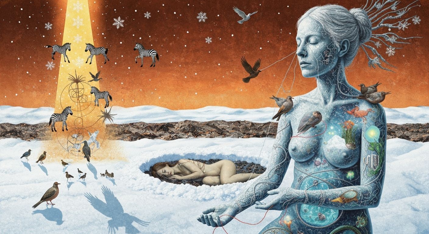 A dreamscape where a woman is depicted in various stages of transformation in Winter, symbolizing resilience. The scene is composed like a s...