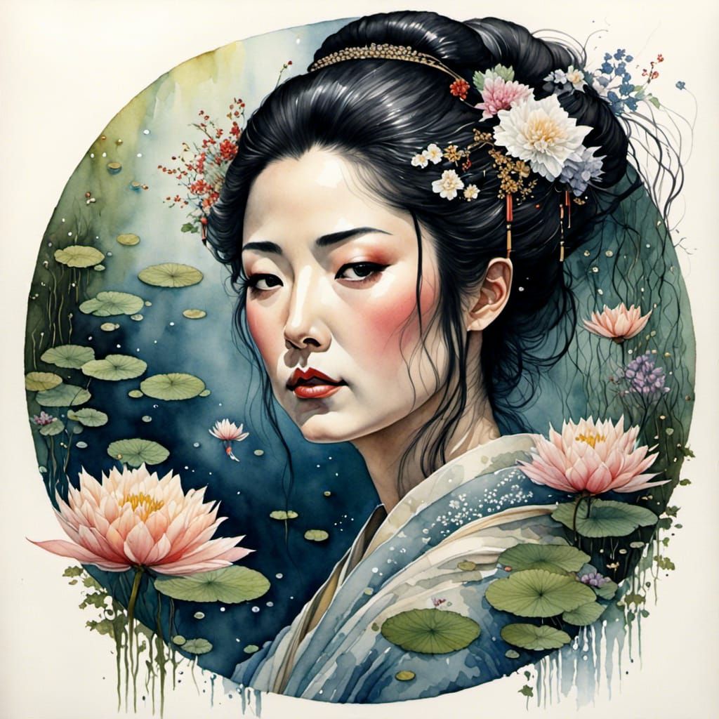 Ornate Geisha Reflecting in Pond: Hyperrealistic Portrait
