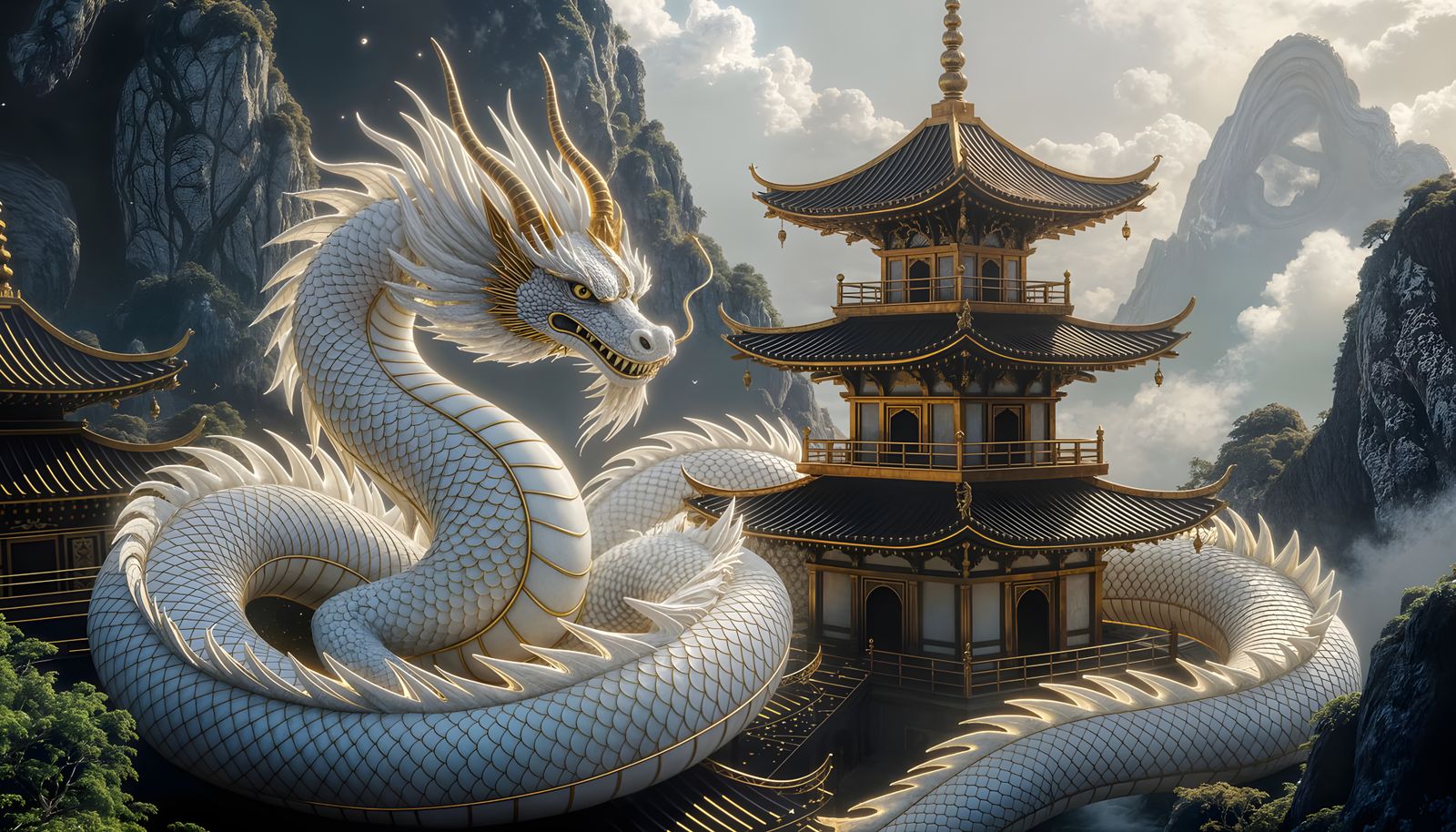 A celestial white and gold dragon, its scales shimmering with stardust, coiled around an ancient Gold ...  by @Mia