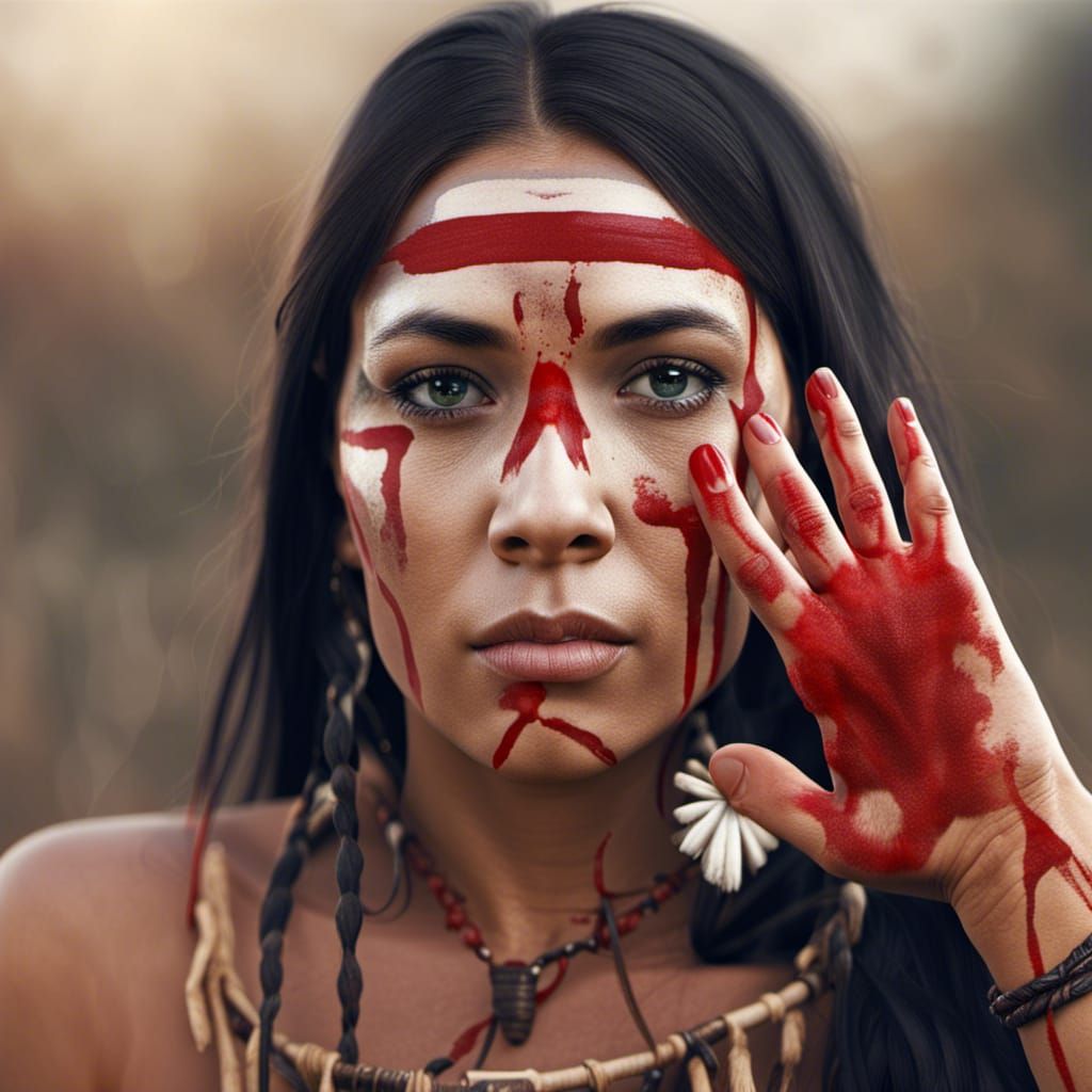 HD realistic beautiful Native American woman with a red handprint on