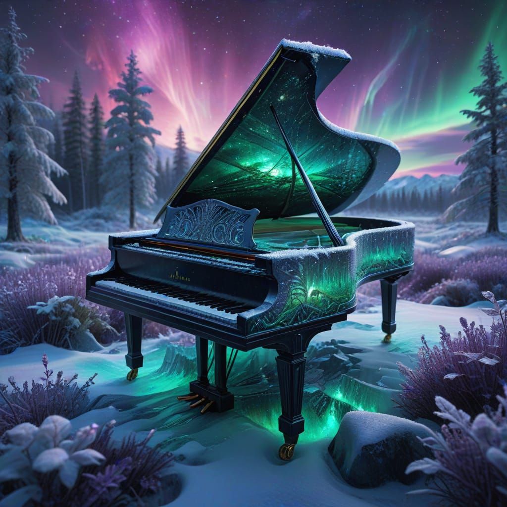 Ice Grand Piano Under Northern Lights in Snowy Field