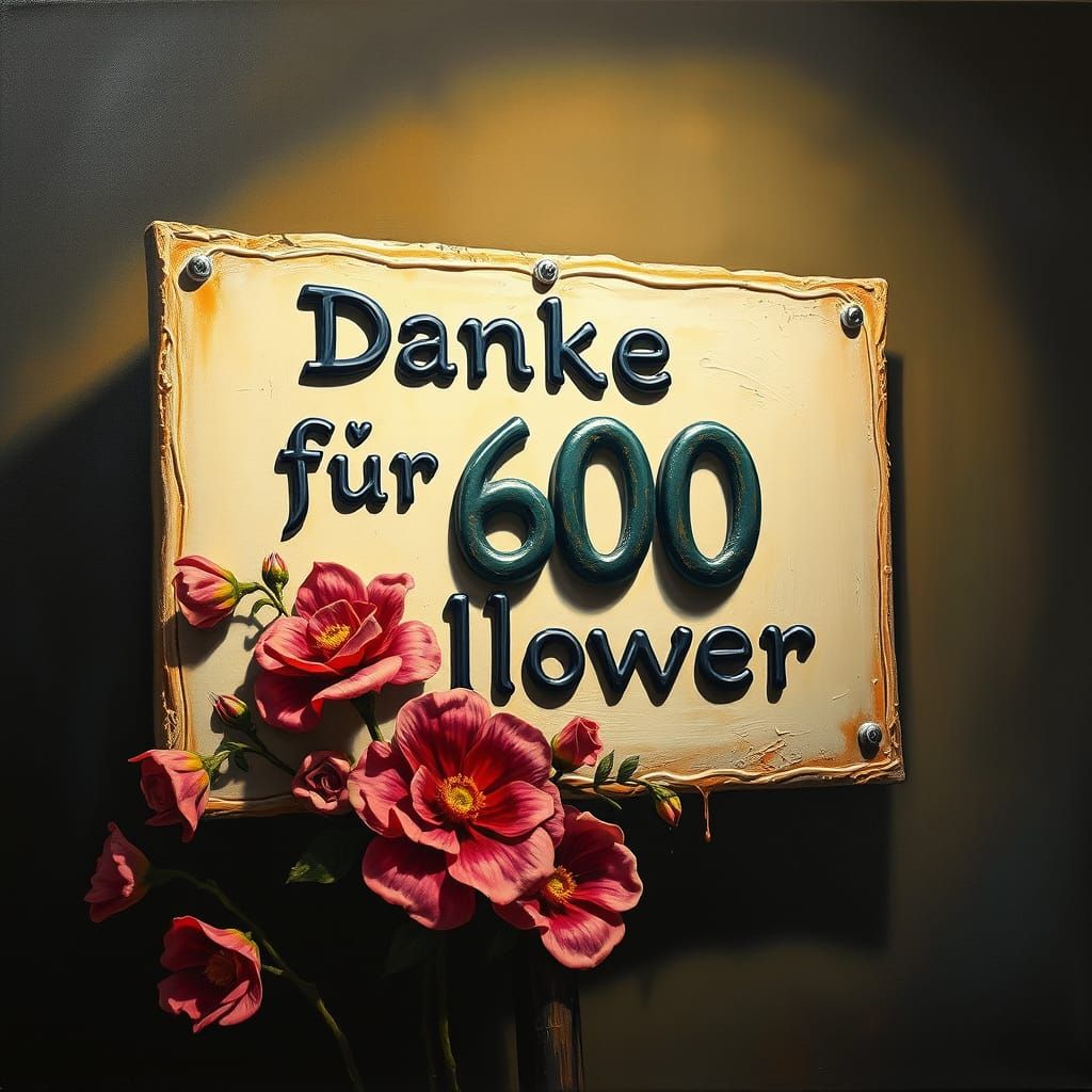 Surreal 'Danke für 600 Follower' Sign with Flowers