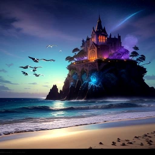 Surreal Sunset Coast Scene with Bioluminescent Stars and Sea...
