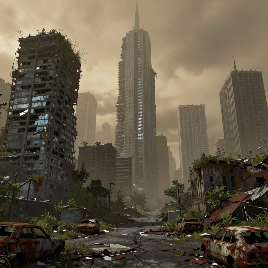 Post-Apocalyptic City Skyline Overgrown with Nature