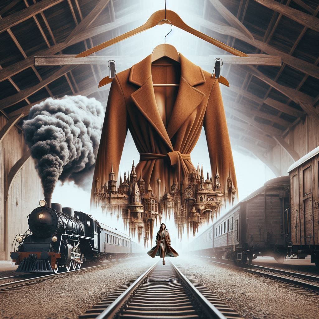 Brown coat and steam train