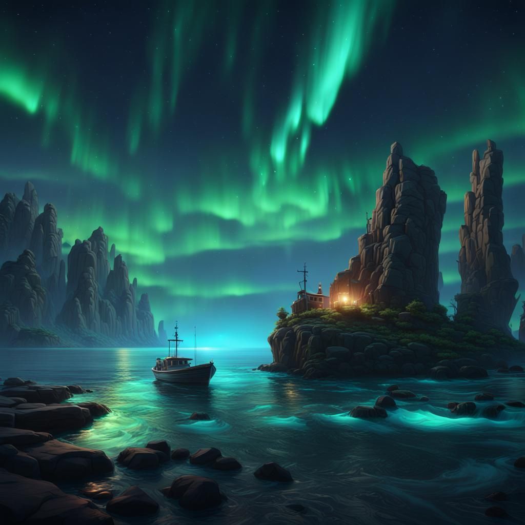 Bioluminescent sea and northern lights   by @paul