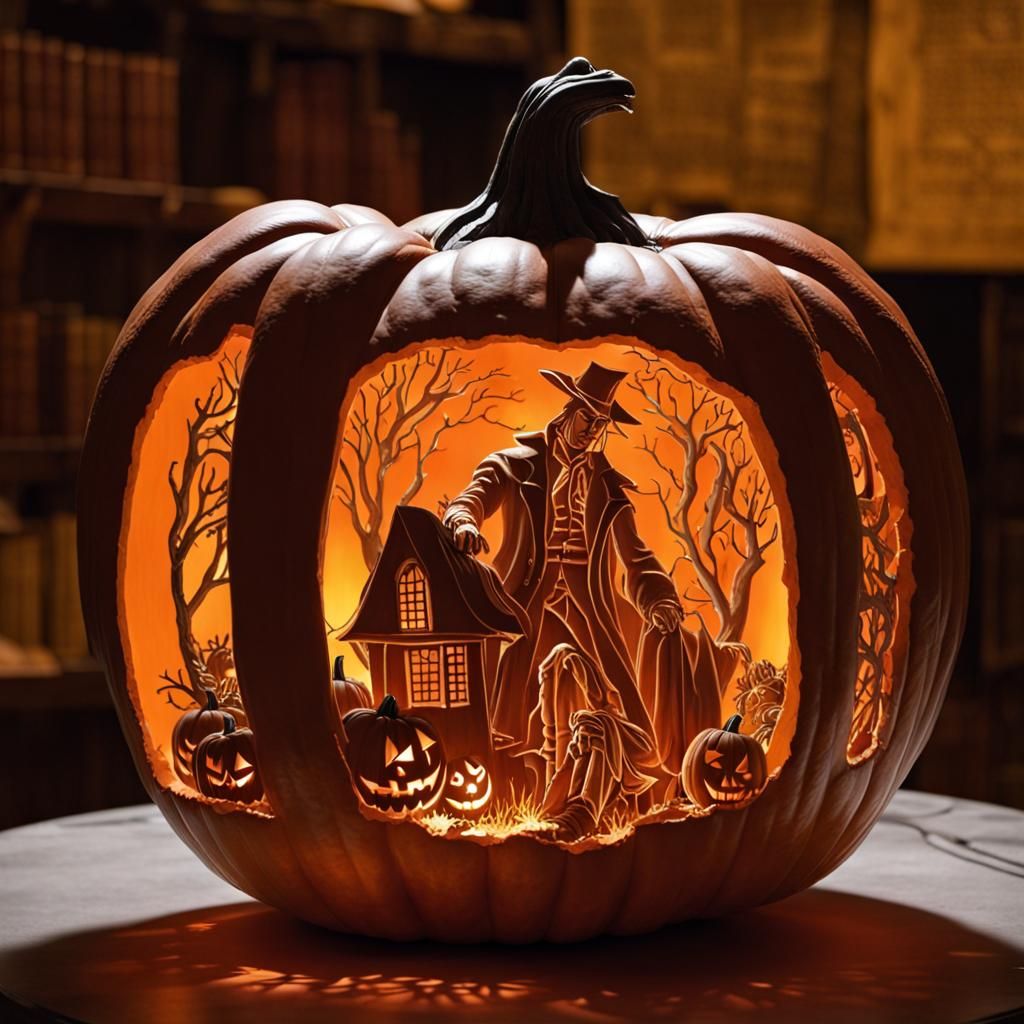 Pumpkin sculpture enlightened inside with the theme of The Legend of Sleepy Hollow  by @ALEXANDRA