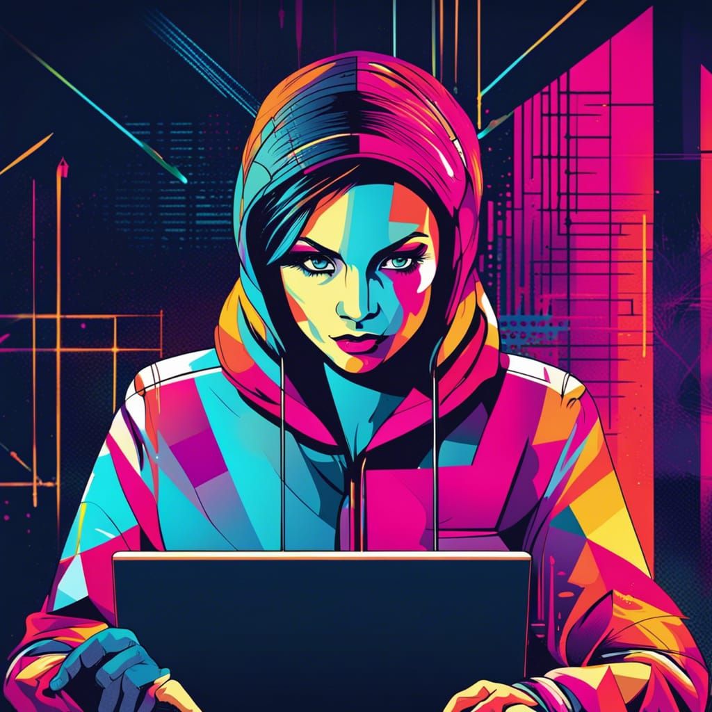 A front picture of a hacker woman doing her job